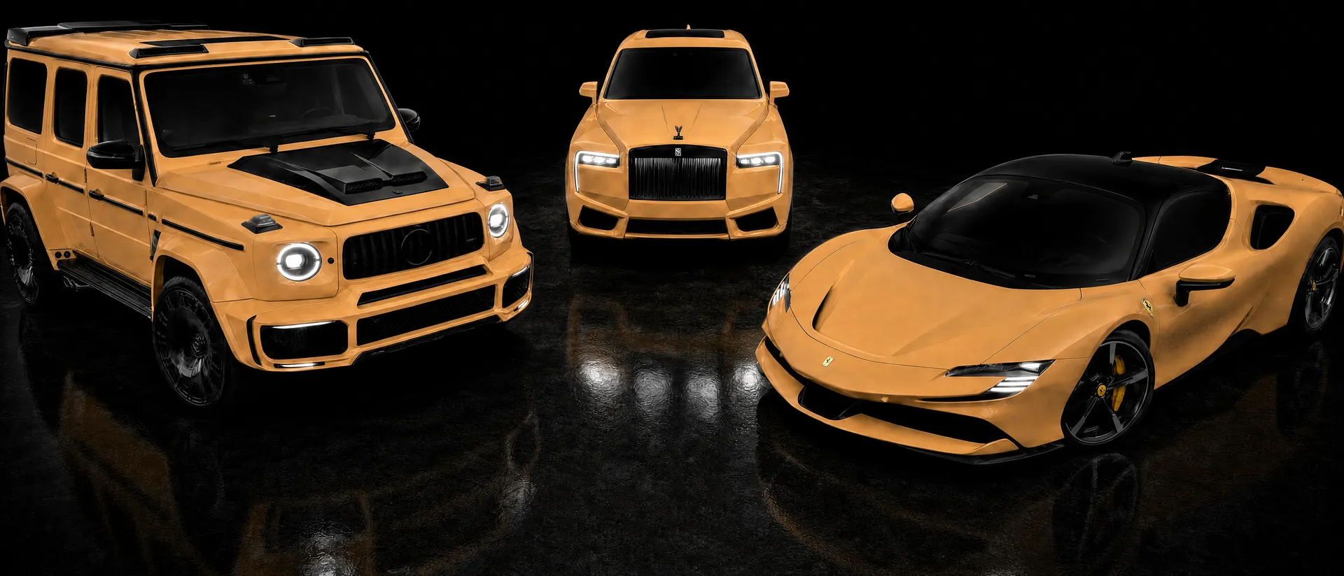 The PRIME Giveaway fleet: Brabus G-Class, Rolls-Royce Cullinan and Ferrari SF90 in Milele gold